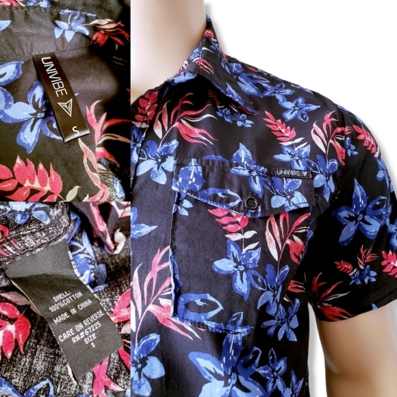Macy's Univibe Black, Red & Blue Floral Print Short Sleeve Button Up Shirt - Picture 7 of 8